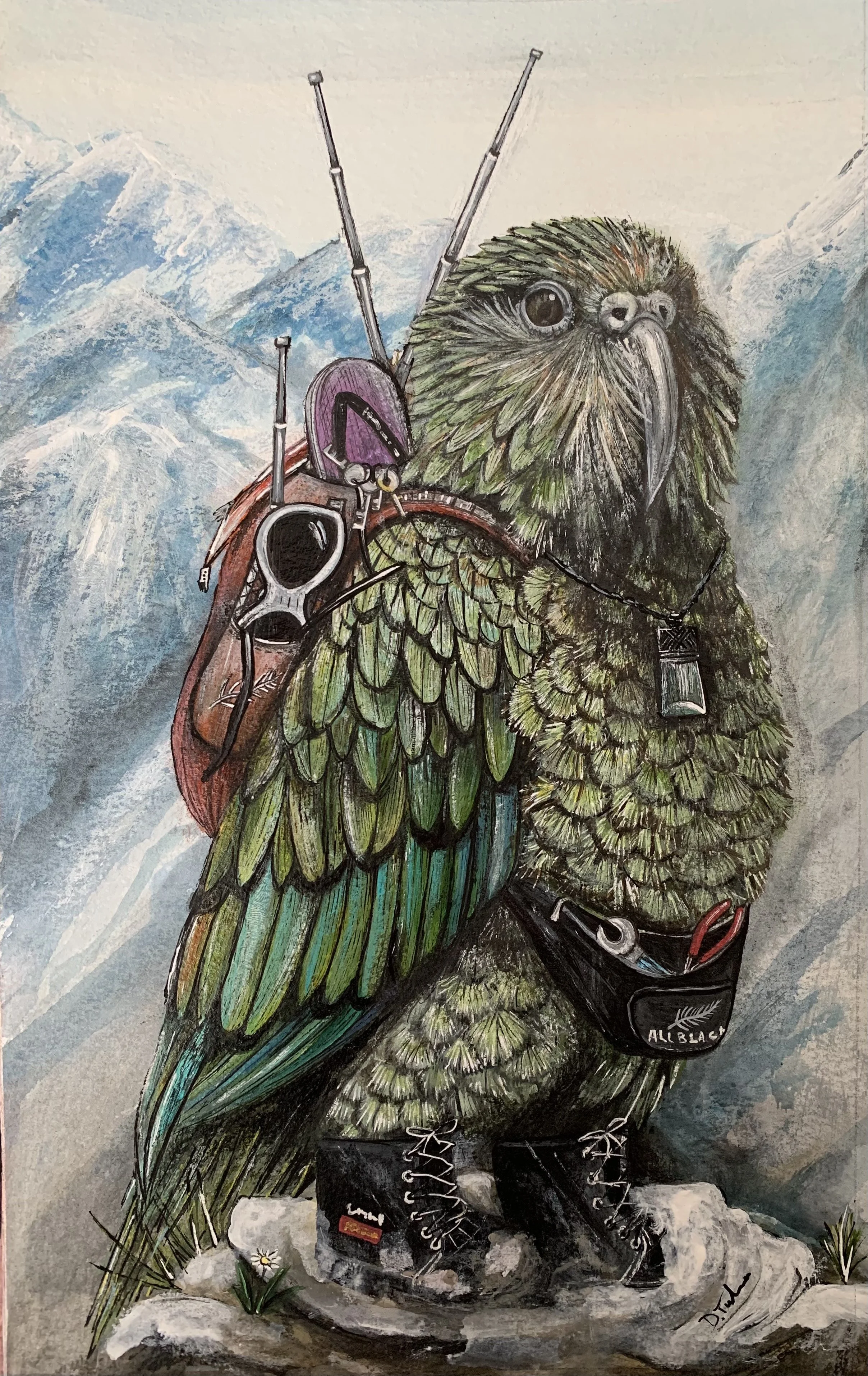 Drawing of a bird with a human pose, wearing hiking gear and a backpack, with mountains in the background.