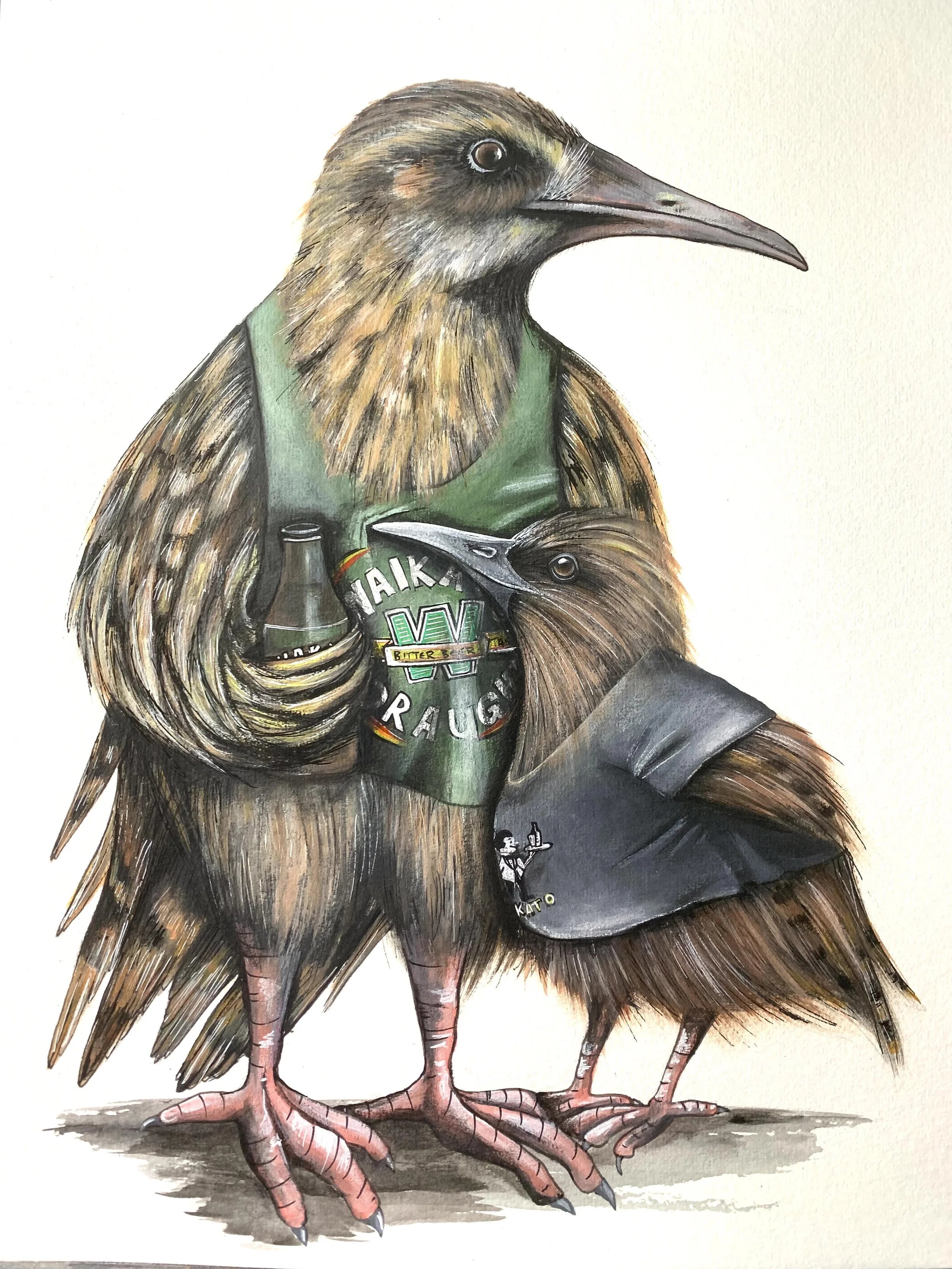 Painting of two Kea birds in Waikato Draught merchandise.