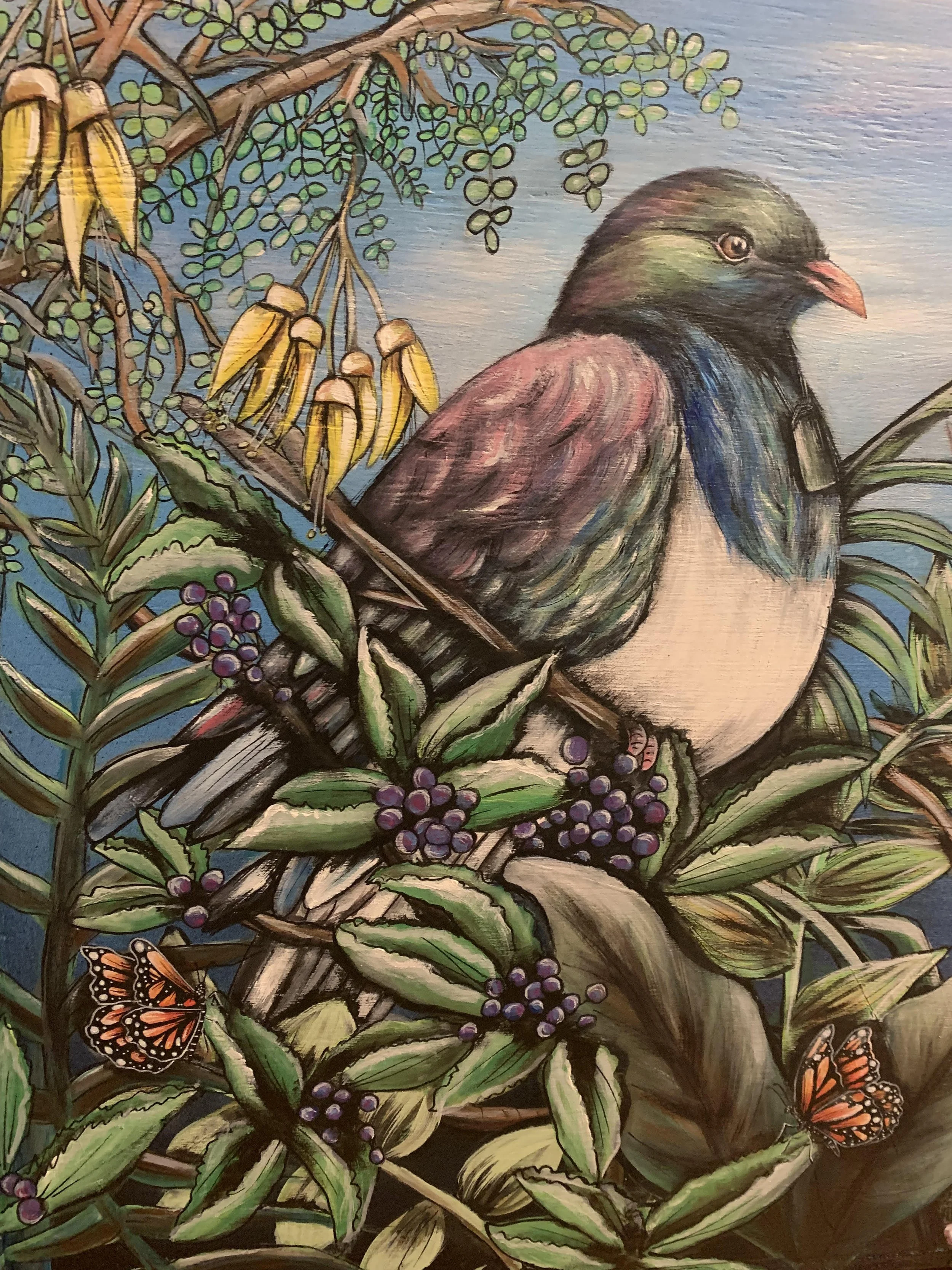 Colorful painting of a bird perched on a branch surrounded by green leaves, yellow flowers, purple berries, and orange butterflies.