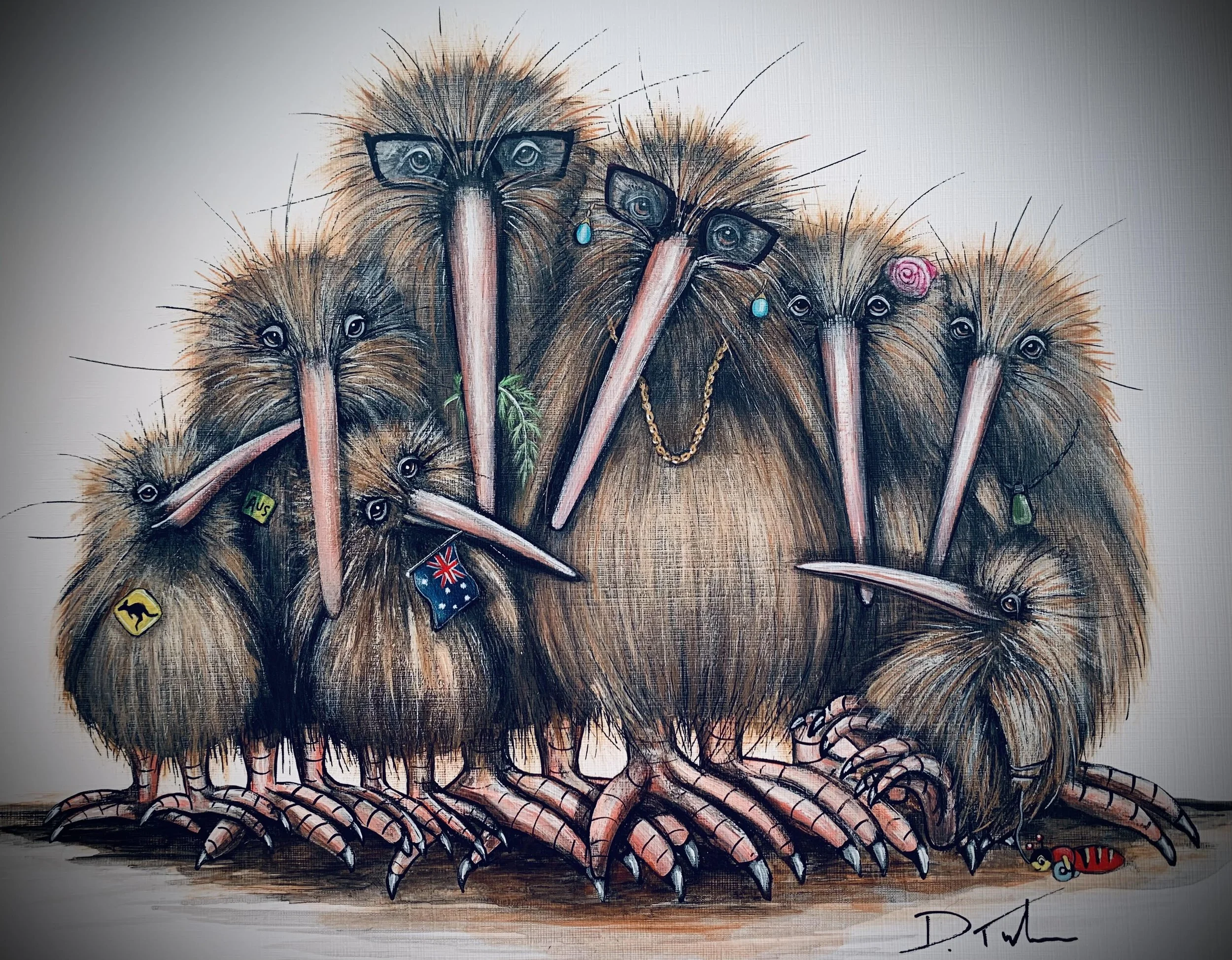 A painting of several kiwi birds, some wearing glasses and various accessories, showcasing a group of anthropomorphic kiwis with detailed feathers and large beaks.
