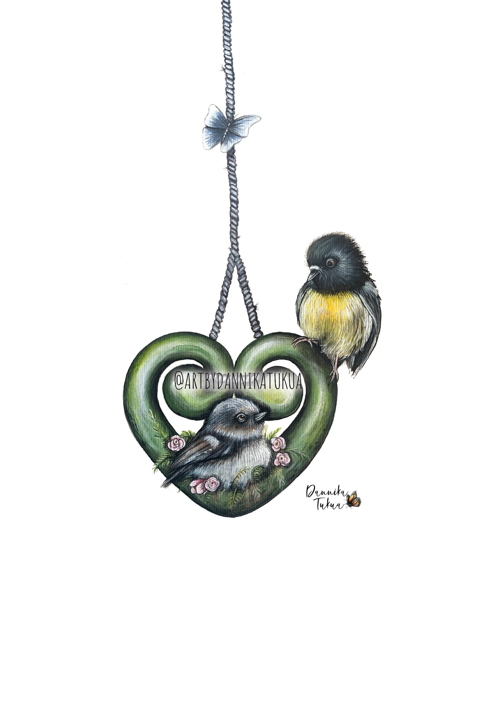 Illustration of a heart-shaped greenstone, with two small Tomtit birds resting inside. The image includes the artist's signature and social media handle.