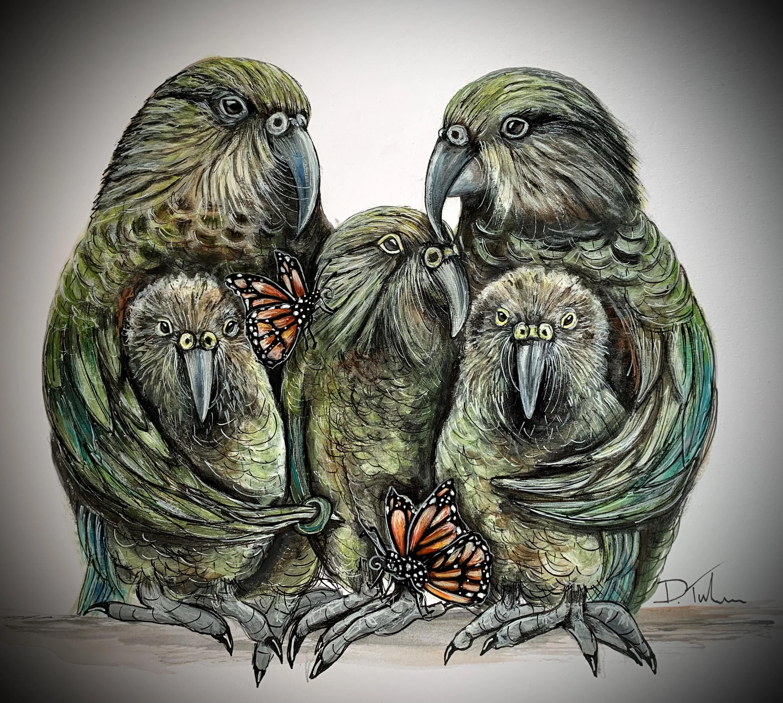 A colorful painting of six Kea with two Monarch butterflies, all surrounded by a plain background.