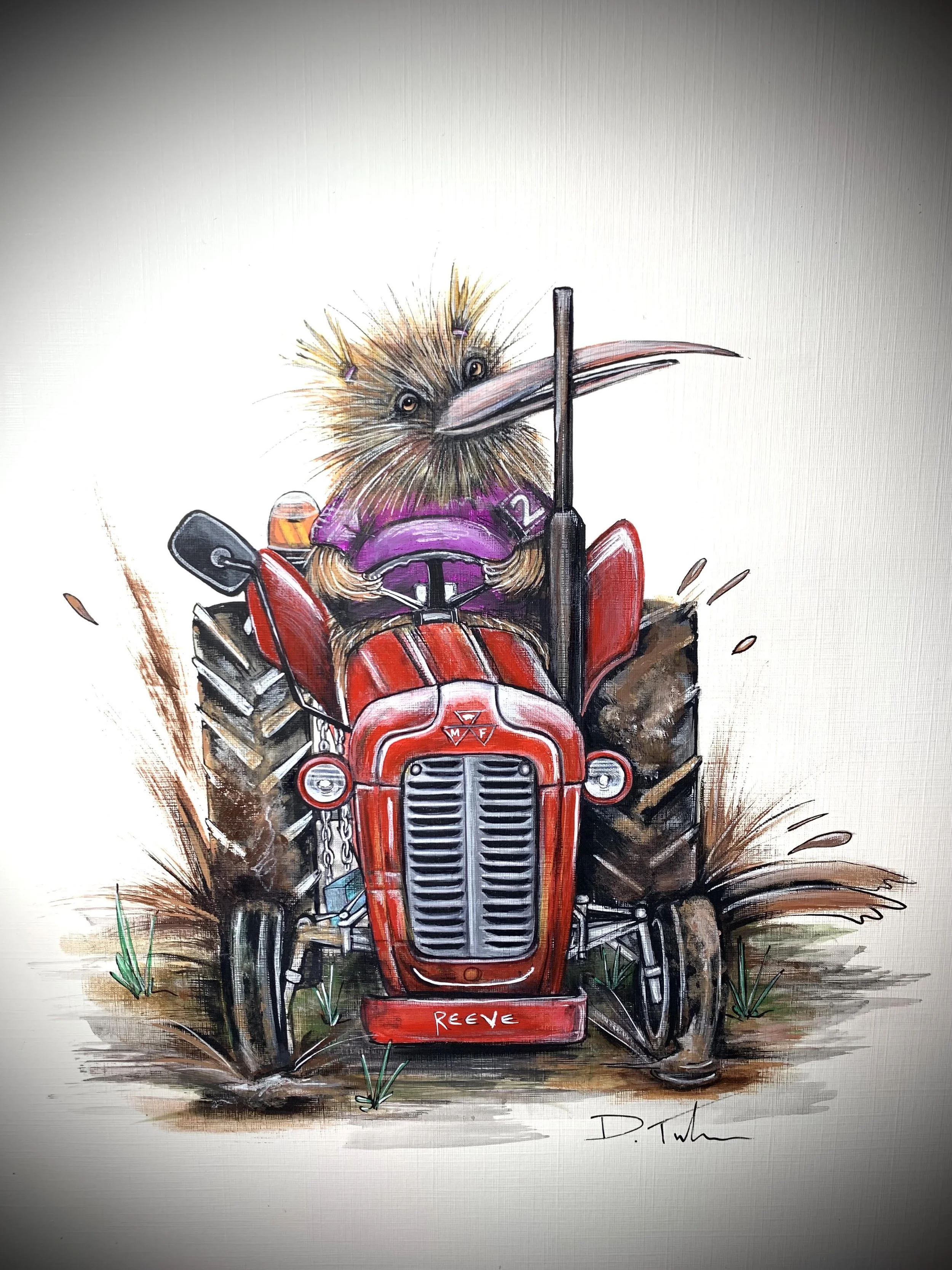 A young Kiwi with fluffy feathers, wearing a purple shirt, is riding a red tractor. The tractor is on dirt with grass around it, there is mud splashing around, she is having fun.