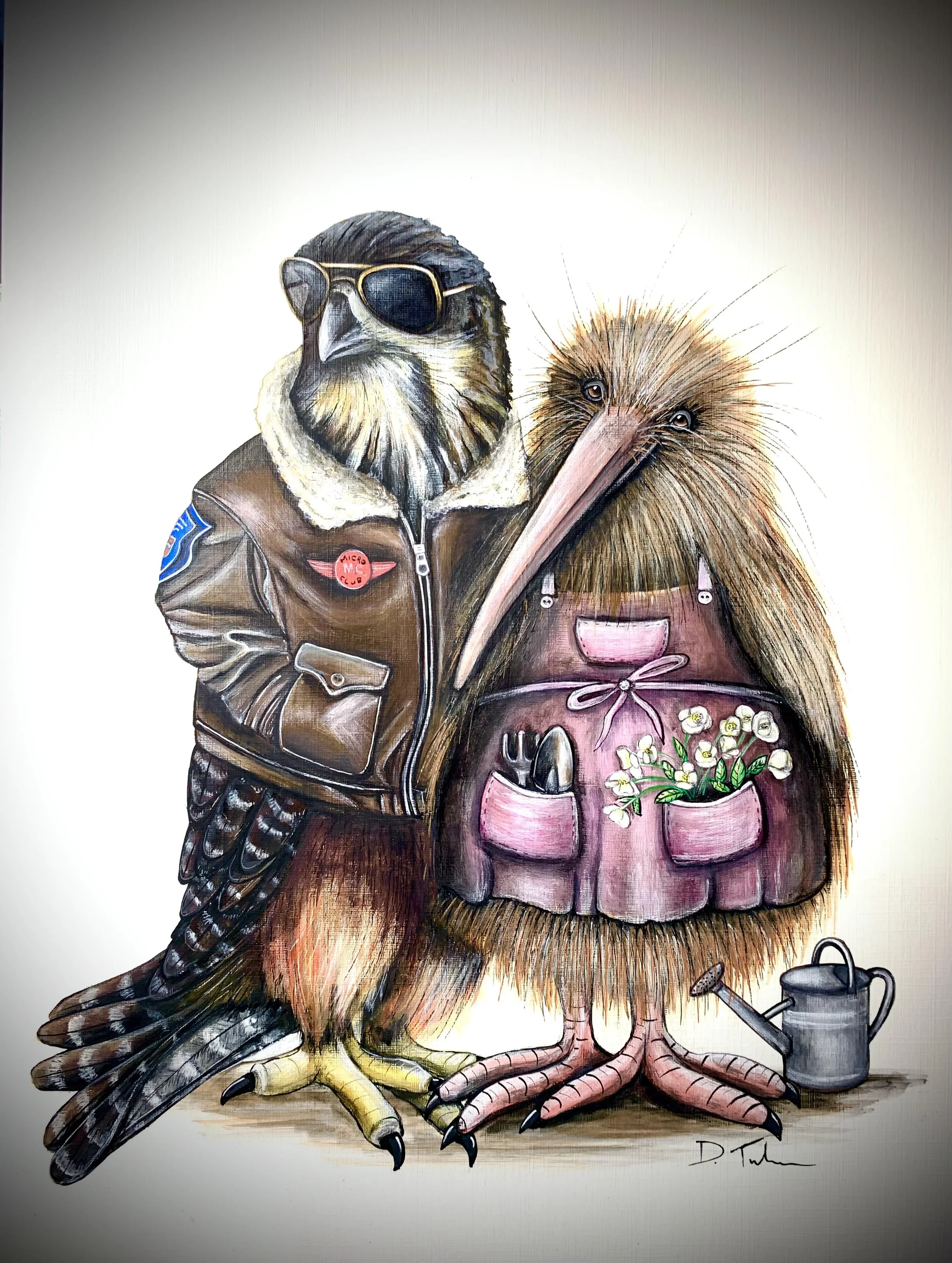 A painted illustration of a bird wearing sunglasses and a leather jacket standing next to a large, fluffy bird with a long beak, wearing a pink apron with pockets filled with flowers and gardening tools, with a watering can nearby.