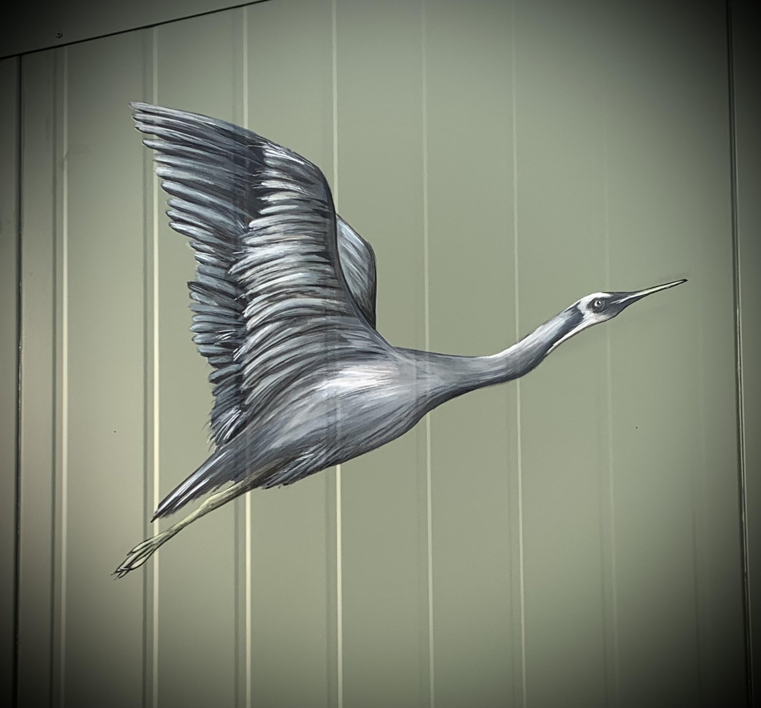 Painting of a flying heron on a green wall.