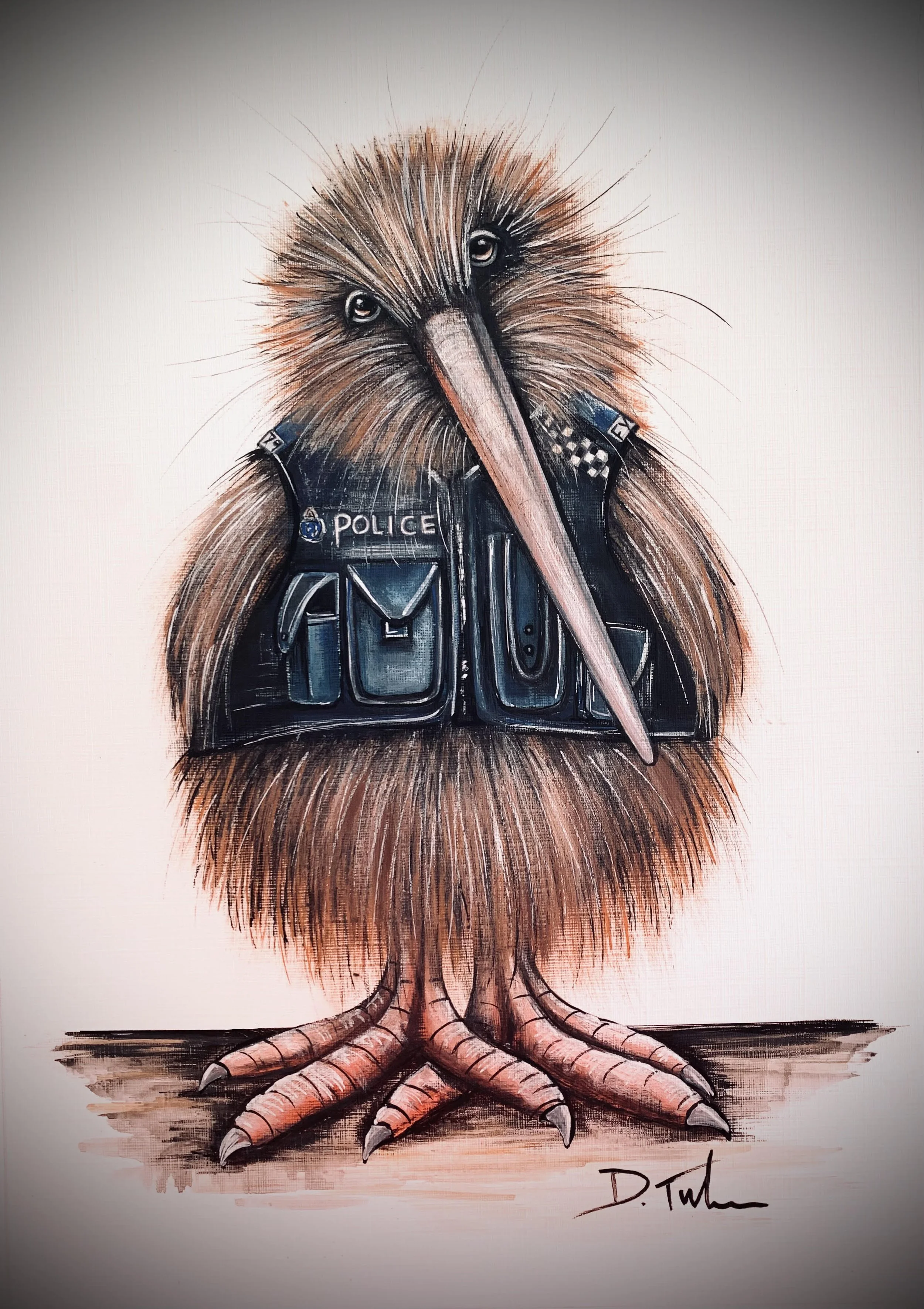 Painting of a kiwi bird wearing a police vest, with detailed feathers, pinkish beak, and claws, on a plain background.