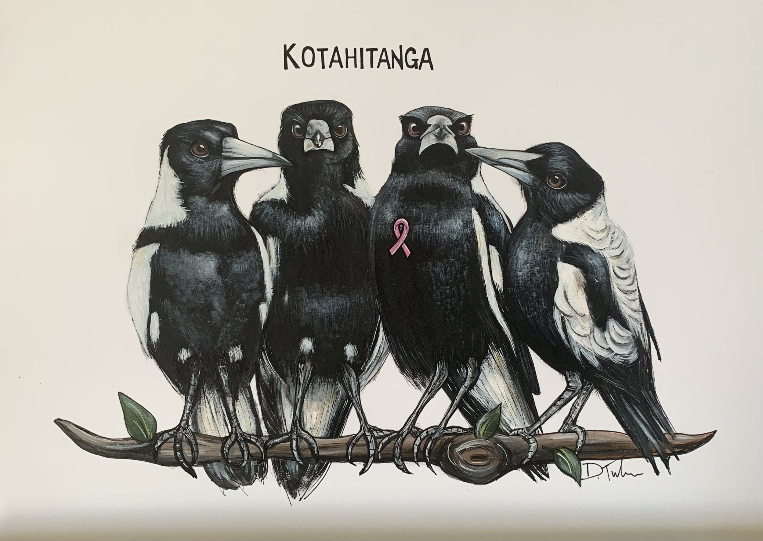 A drawing of four Magpies perched on a branch. The birds are black and white, with one bird wearing a pink ribbon. The word "KOTAHITANGA" is above them.