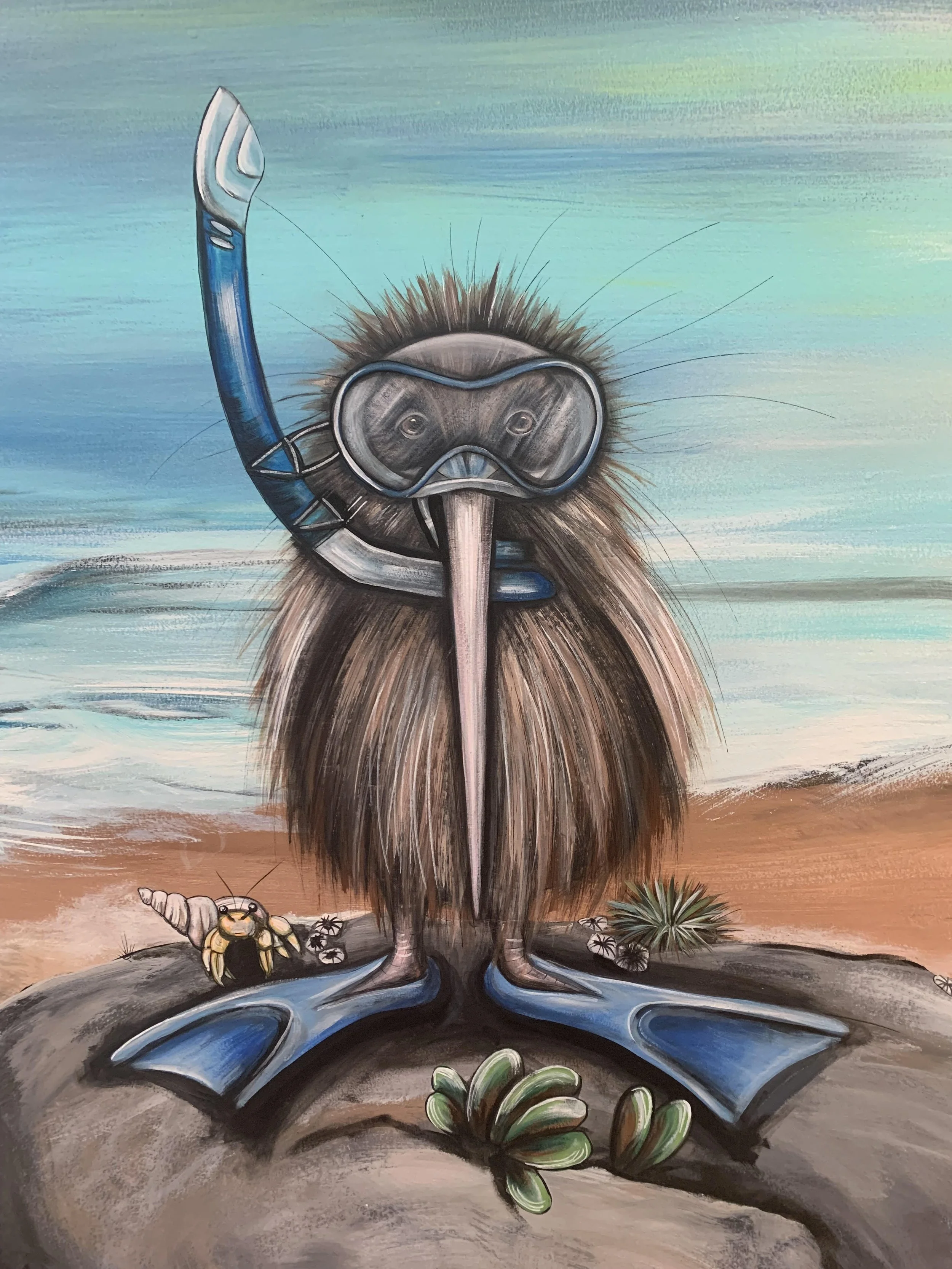 A painting of a prehistoric creature with the body of a bird, wearing diving goggles and a snorkel, on a beach with plants and a crayfish nearby, with a sky and ocean in the background.