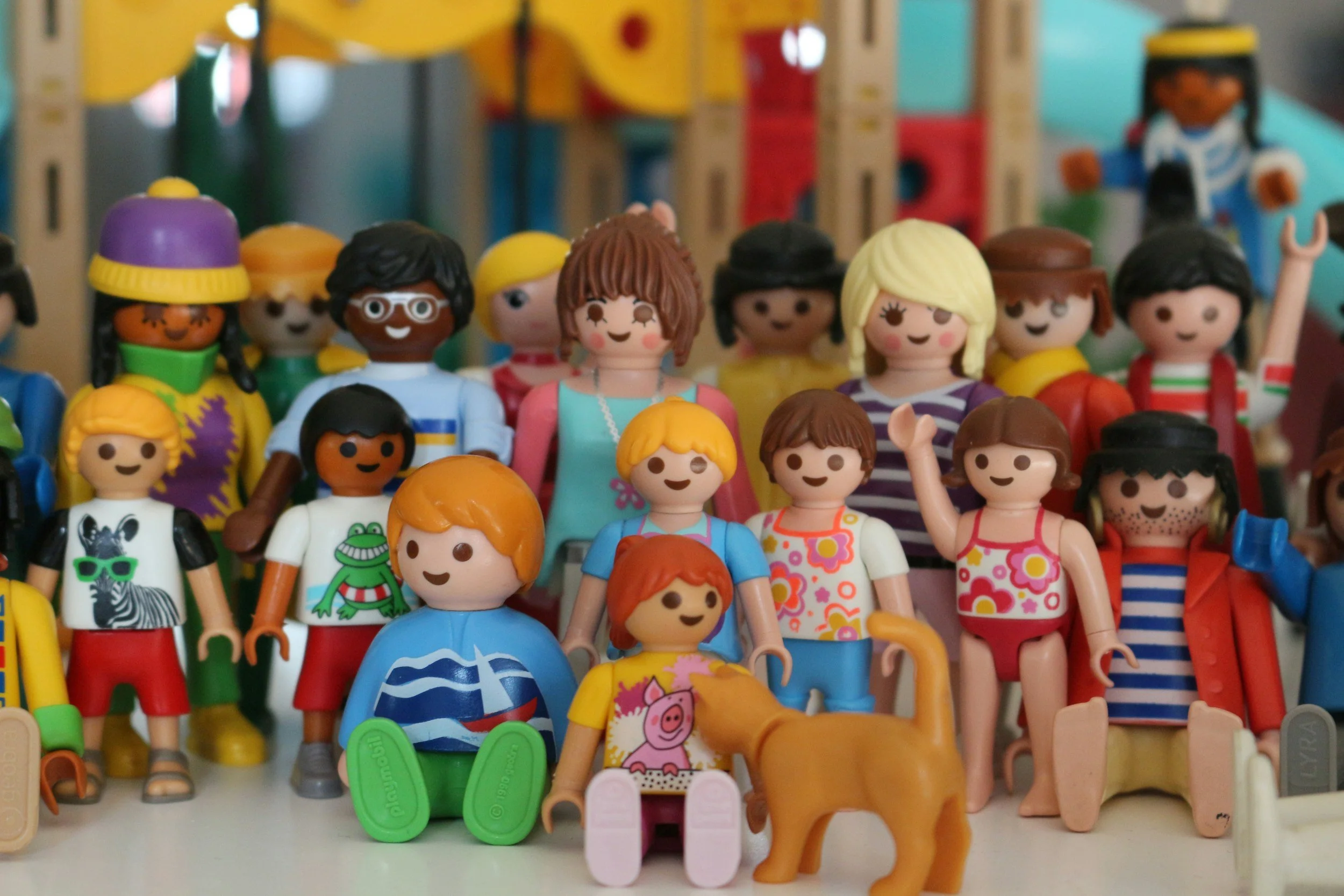 A collection of colorful Playmobil toy figures of various ages, ethnicities, and outfits, arranged in front of a blurred background with a dog interacting with a seated girl figure in the foreground.