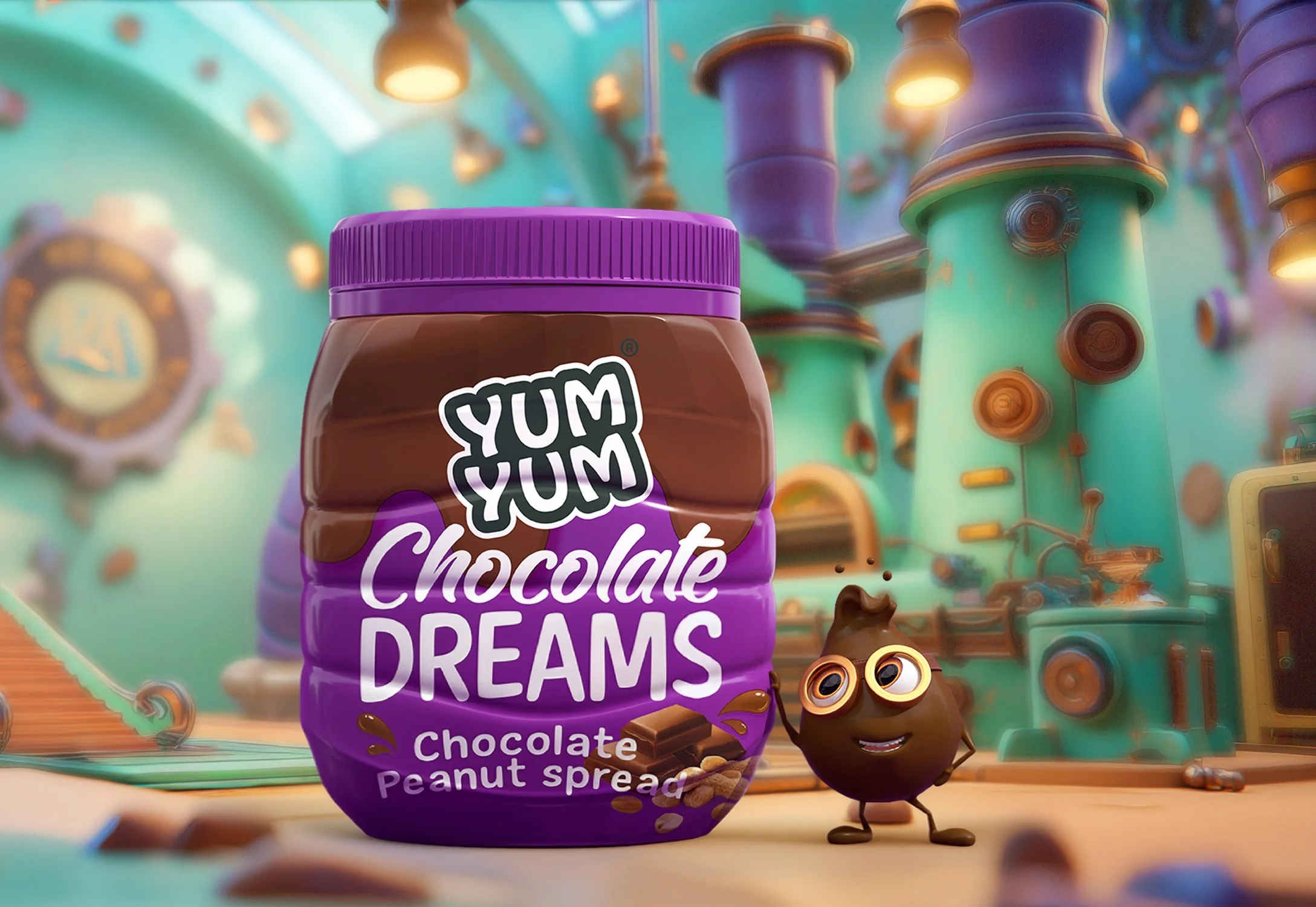 A cute cartoon character resembling a chocolate droplet with big eyes, wearing glasses, standing next to a jar of Yum Yum Chocolate Dreams peanut spread. The background features a whimsical, colourful factory interior.