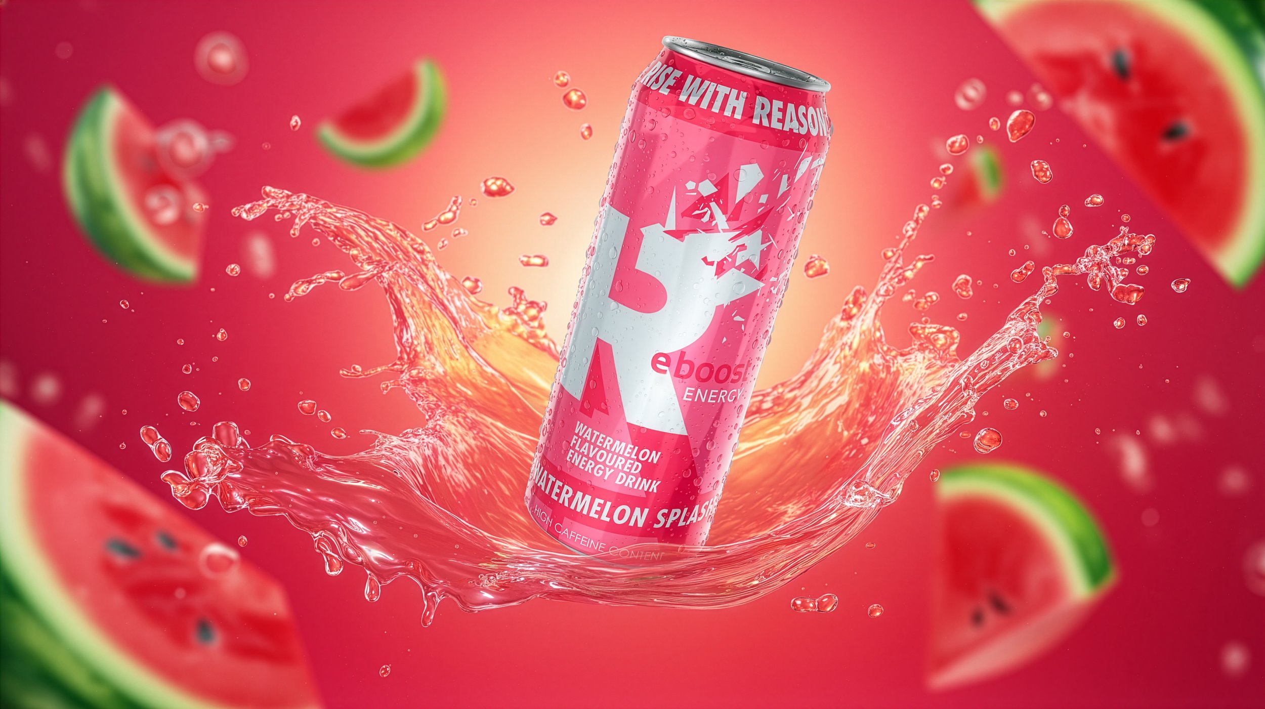 A can of watermelon flavored Reboost energy drink splashing into water surrounded by slices of watermelon and watermelon chunks.