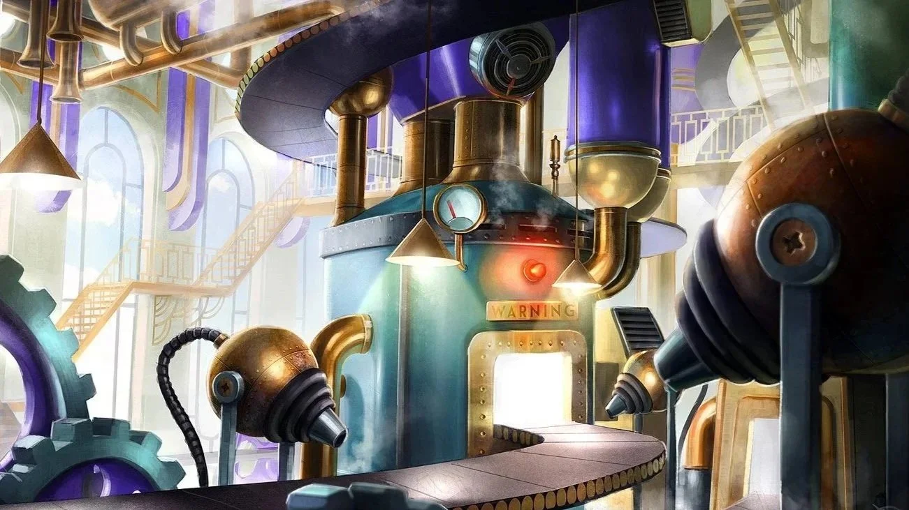 A colorful, animated, factory-like scene with gears, pipes, and machinery in a steampunk style, illuminated by warm lighting and featuring a warning sign above a doorway.