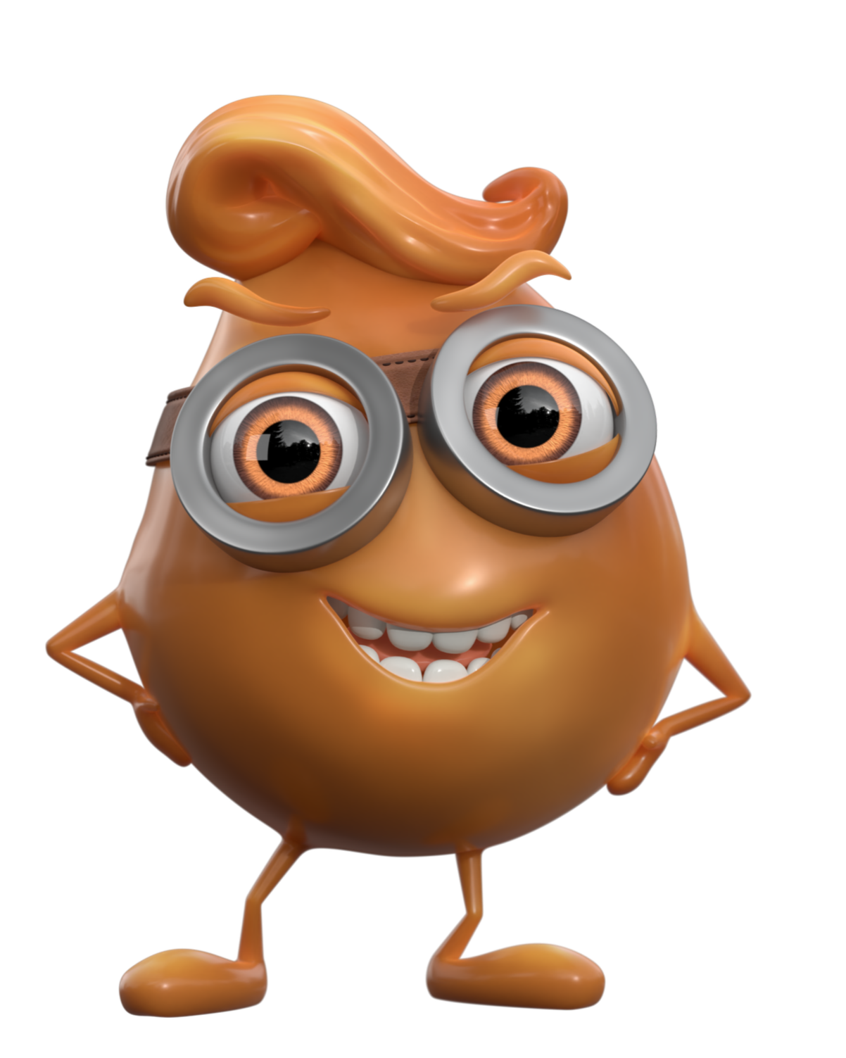 Cartoon character of a happy, anthropomorphic caramel drop with large eyes, a wide smile with visible teeth, glasses, and small arms and legs, standing with hands on hips.