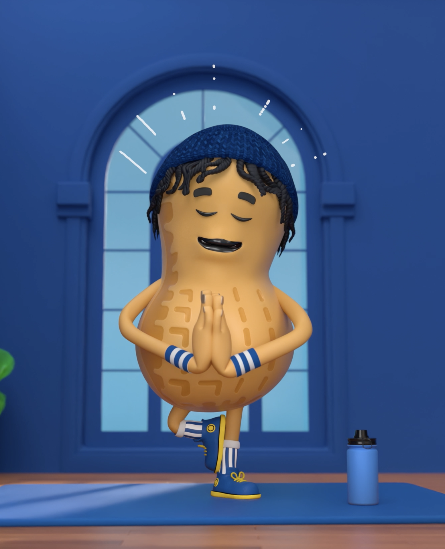 Animated peanut character wearing a blue beanie, blue and white striped wristbands, blue shoes, and striped socks, standing on one leg with hands in prayer position, in a yoga pose, in front of a blue wall with a window, with a water bottle on the floor.