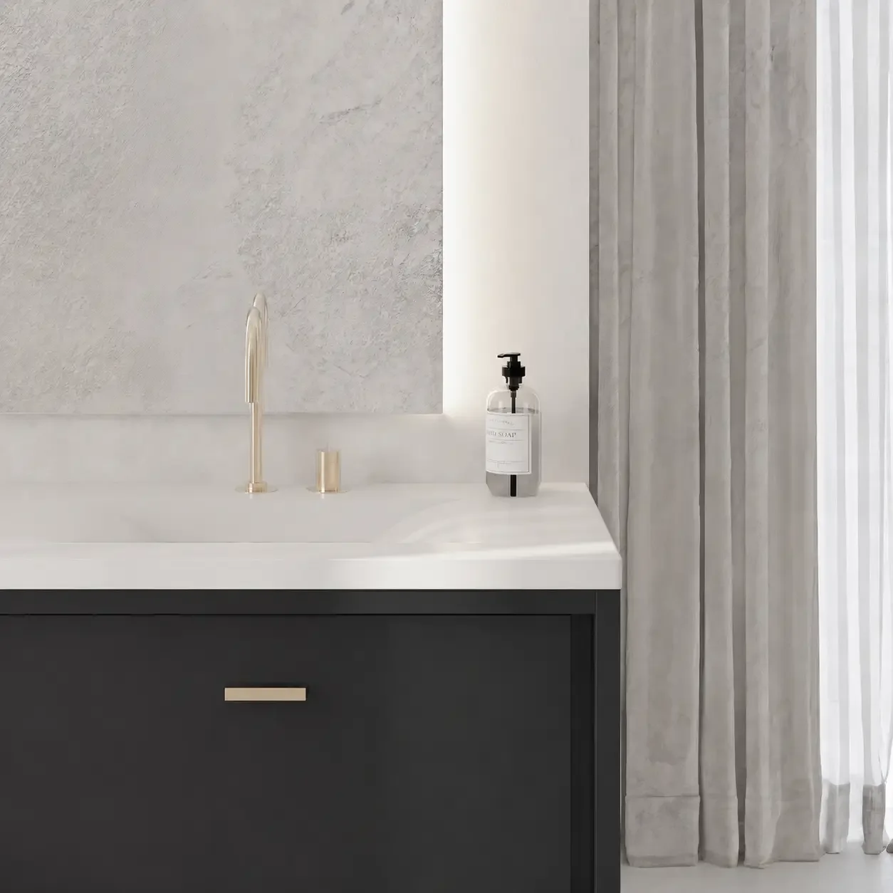 Modern bathroom vanity with a white countertop, black cabinet, a gold faucet, and a soap dispenser on the right side of the sink. Grey textured curtains on the right side of the image.