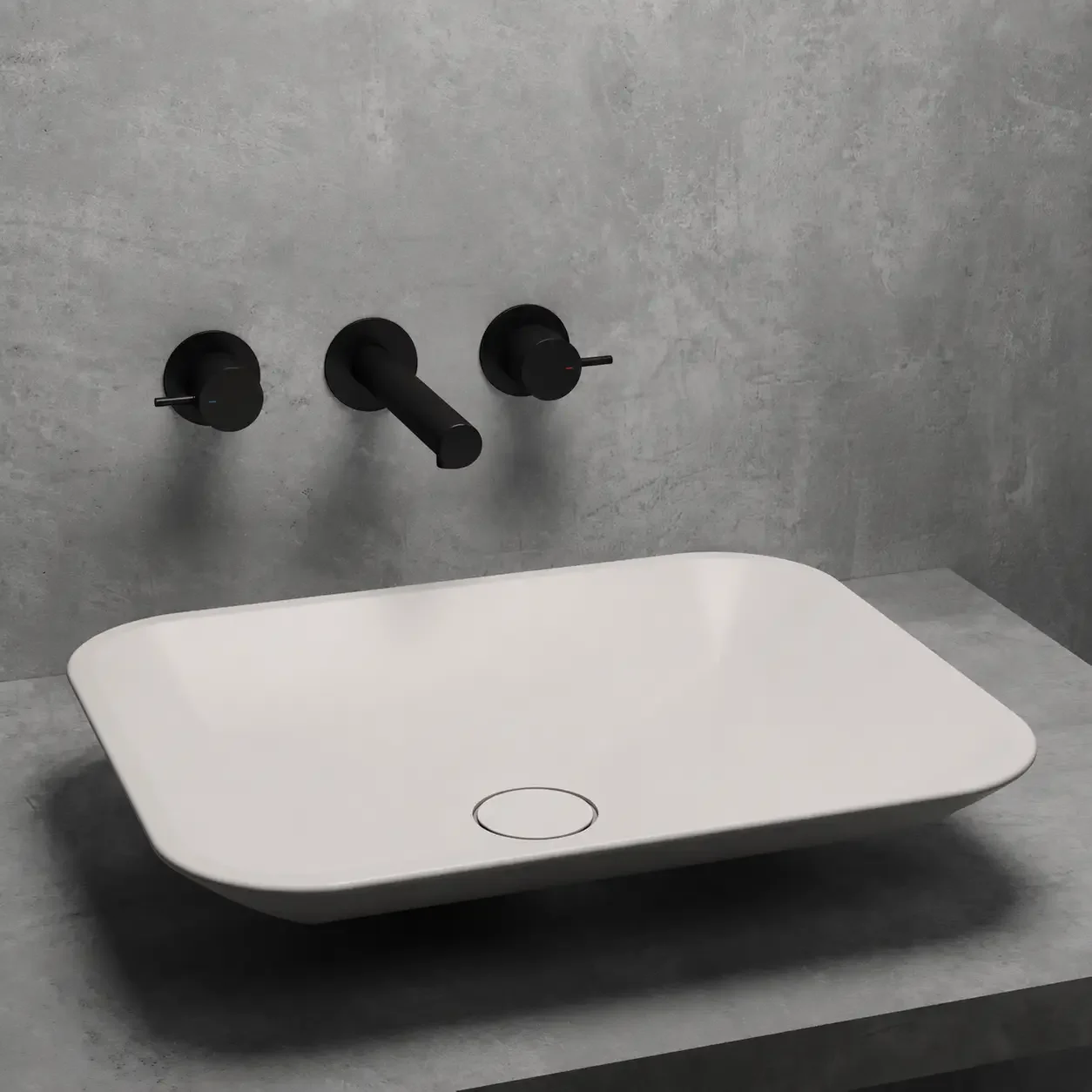 Modern white rectangular bathroom sink with black wall-mounted faucet and handles on a concrete wall.