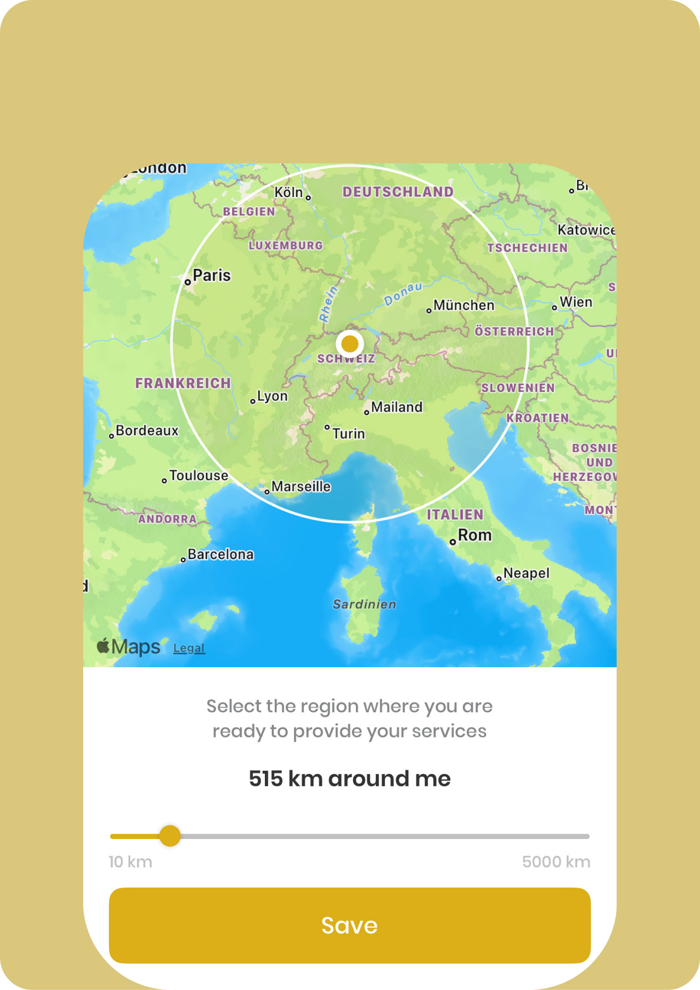 Karte von Europa, angezeigt in einer App, mit der Auswahl eines Umkreises von 515 km um die Schweiz, mit Städten wie Paris, Lyon, Marseille, Rom und Barcelona markiert.