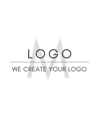 Ein Logo mit der Aufschrift 'LOGO' und dem Slogan 'WE CREATE YOUR LOGO' darunter, mit einem stilisierten 'M' im Hintergrund.
