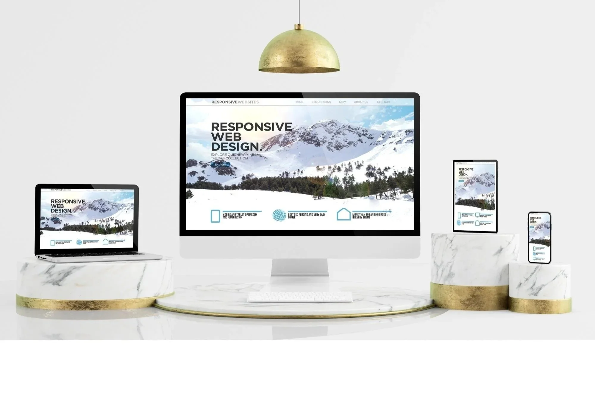 Verschiedene elektronische Geräte, darunter ein Computer, ein Laptop, zwei Tablets und ein Smartphone, auf weissen, marmorgeschmückten Plattformen mit goldenen Akzenten, die eine responsive Webdesign-Seite mit Berglandschaft anzeigen.