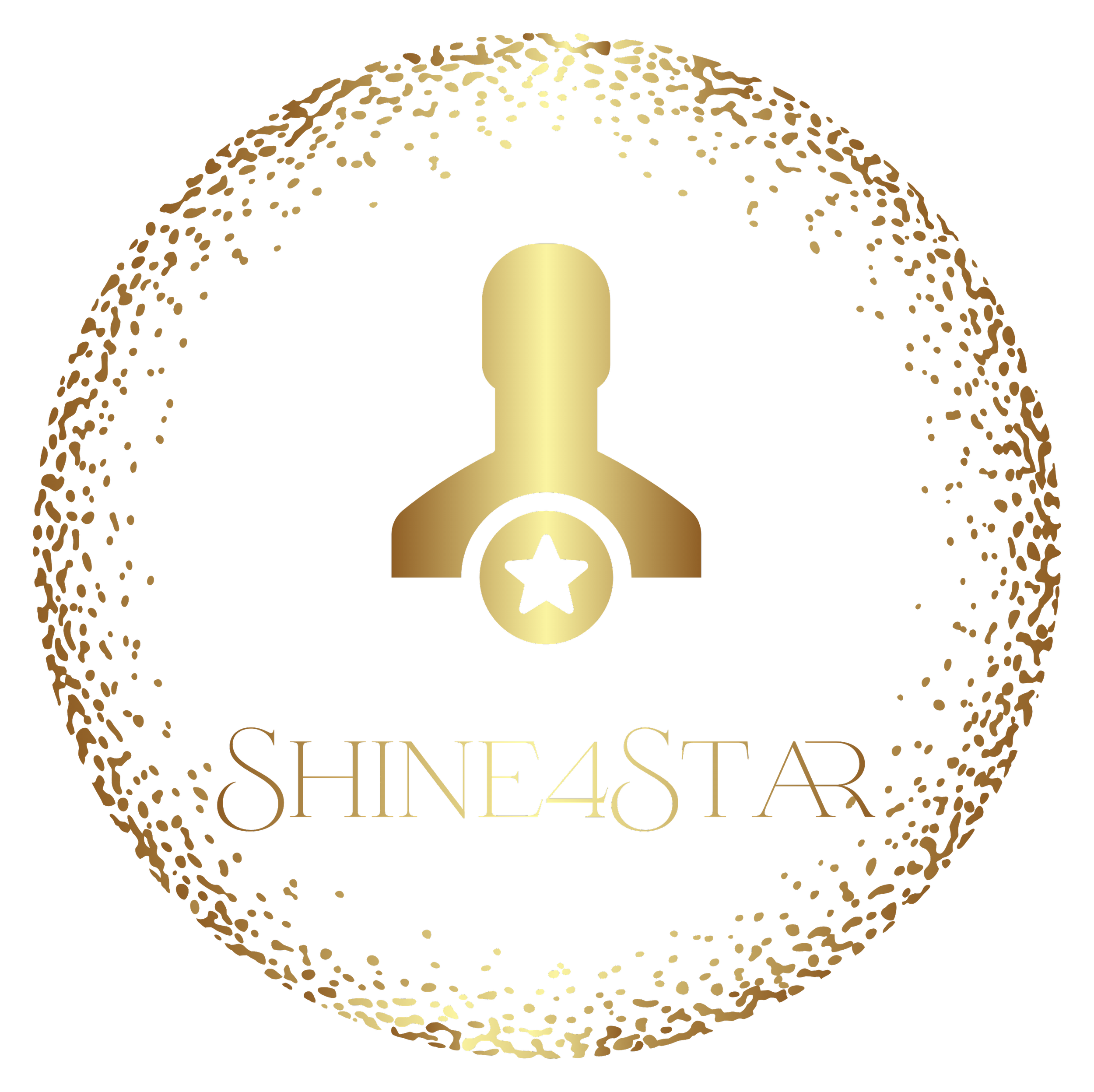 Ein digitales Logo mit einem goldenen menschlichen Umriss, einem Stern und dem Text "SHINE4STAR" in goldener Schrift, umgeben von einem goldenen Kreis aus digitalen Partikeln auf schwarzem Hintergrund.