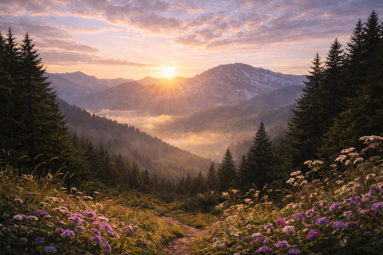Sunrise over a mountain landscape with a trail, colorful flowers in the foreground, and pine trees on the slopes.