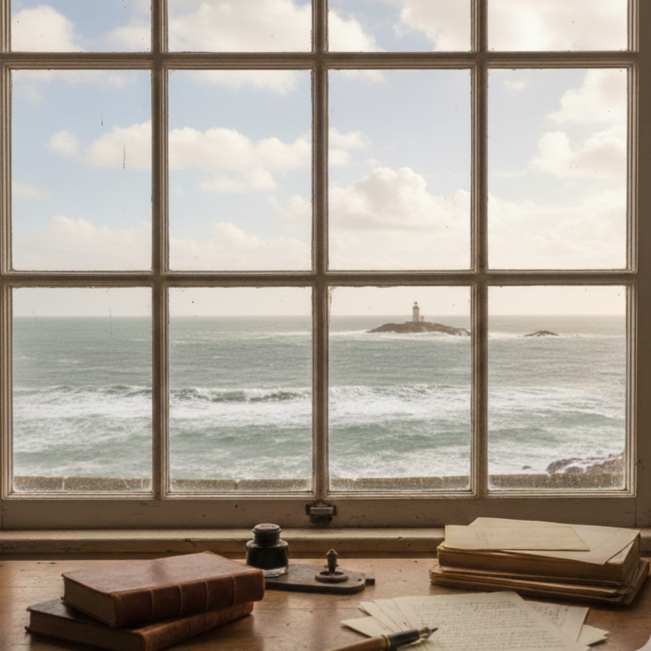 A view through a window overlooking the ocean with a lighthouse on a small island. The window has nine panes, and on the windowsill, there are books, papers, a fountain pen, and an ink bottle.