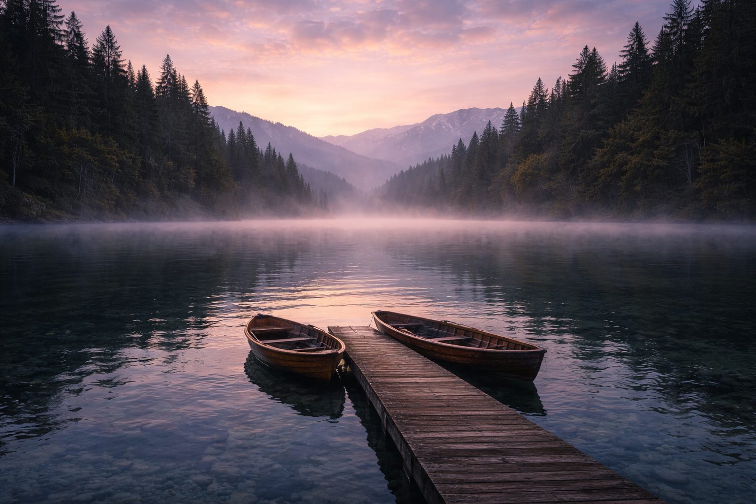 Two wooden boats tied to a small wooden dock on a calm lake during sunrise, surrounded by dense evergreen trees and mountains in the background with a pink and purple sky.