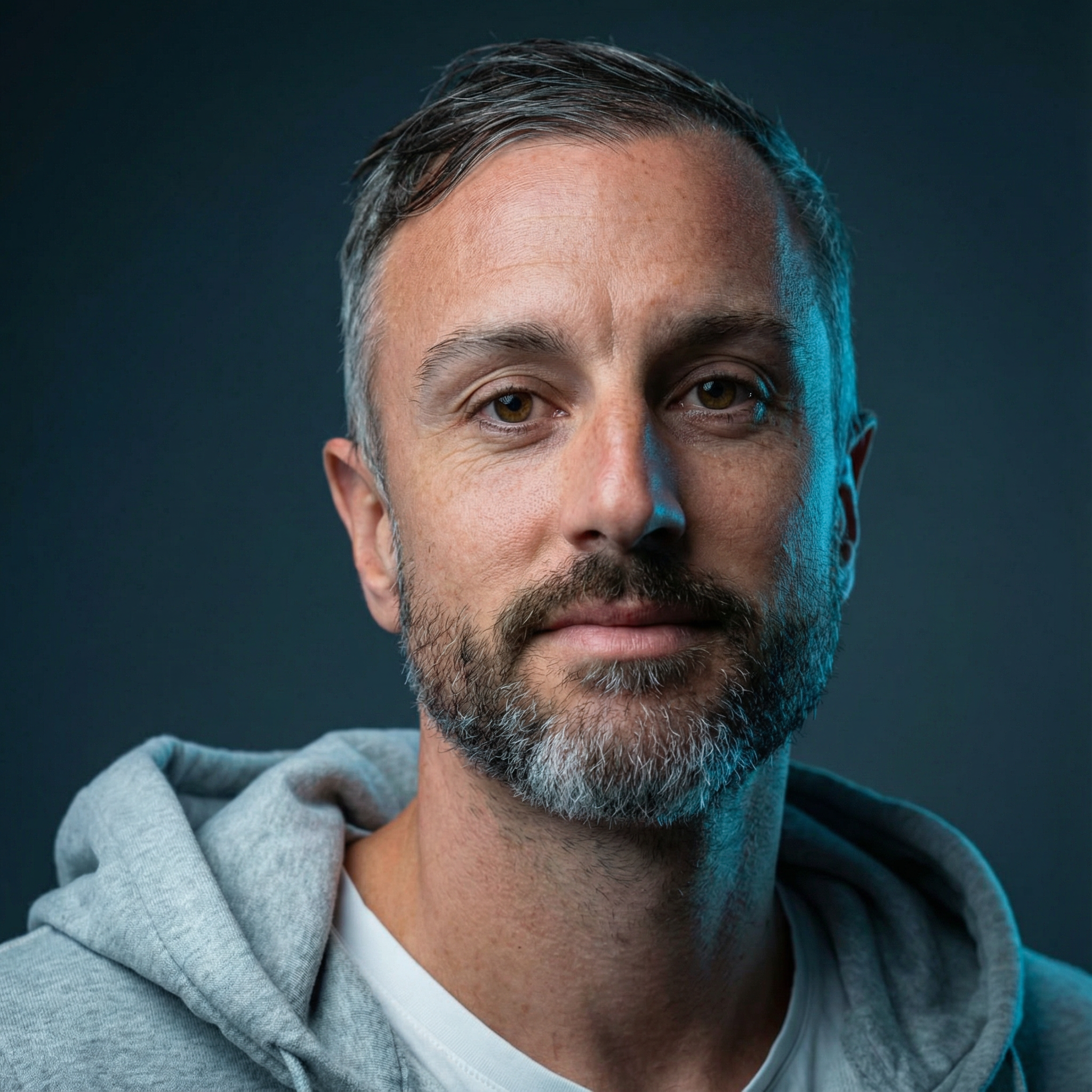 Close-up portrait of a middle-aged man with short gray hair and beard, wearing a gray hoodie, against a dark background.