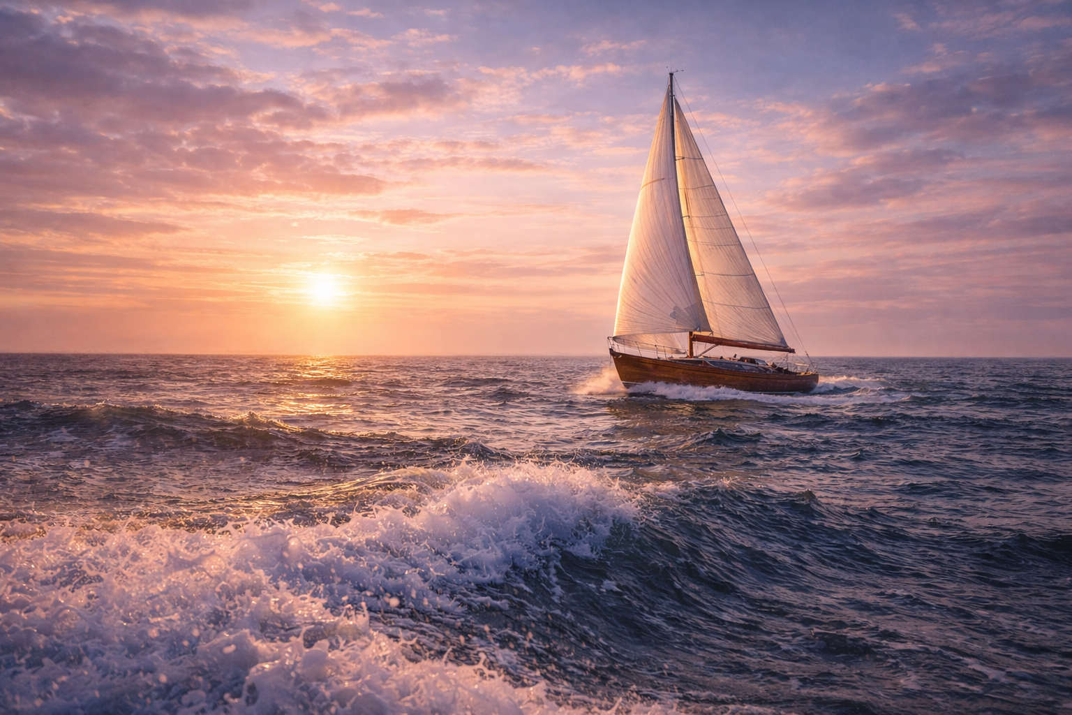 A sailboat on the ocean during sunset with pink and purple clouds in the sky.