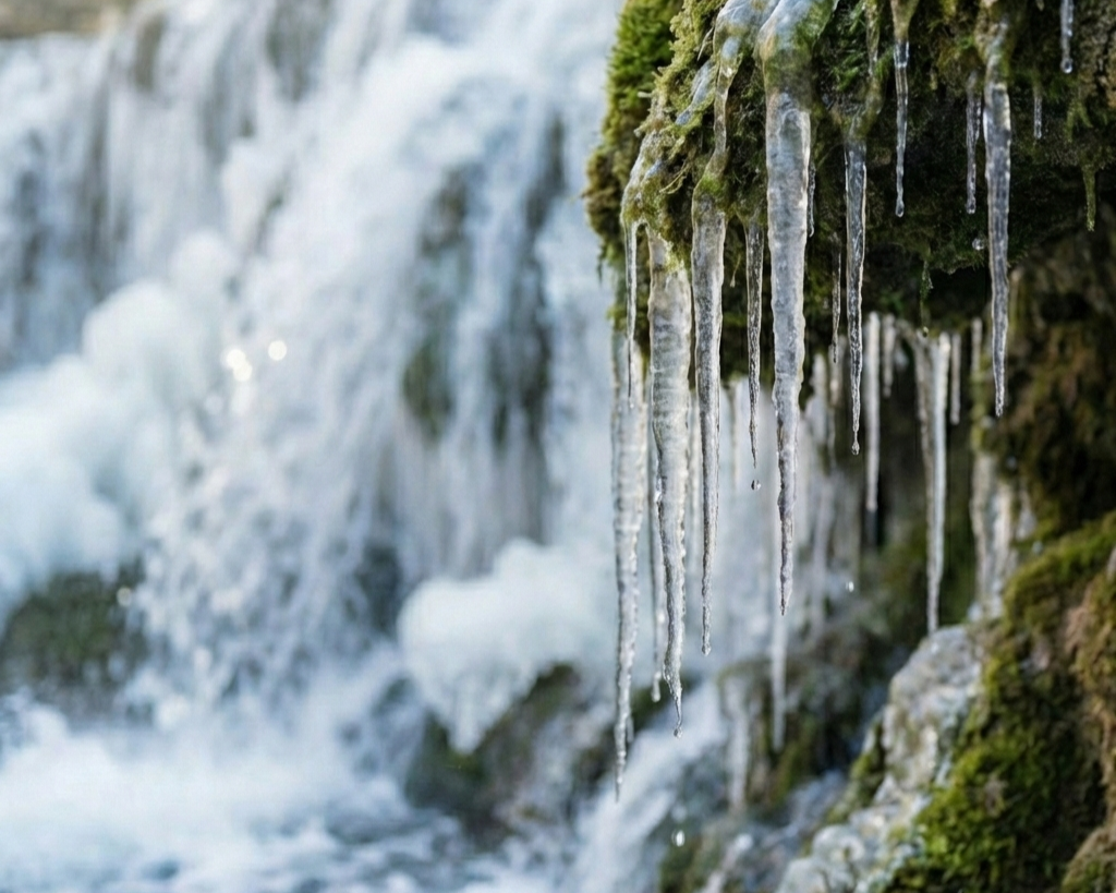Icicles hanging from moss-covered rocks near a waterfall or stream.