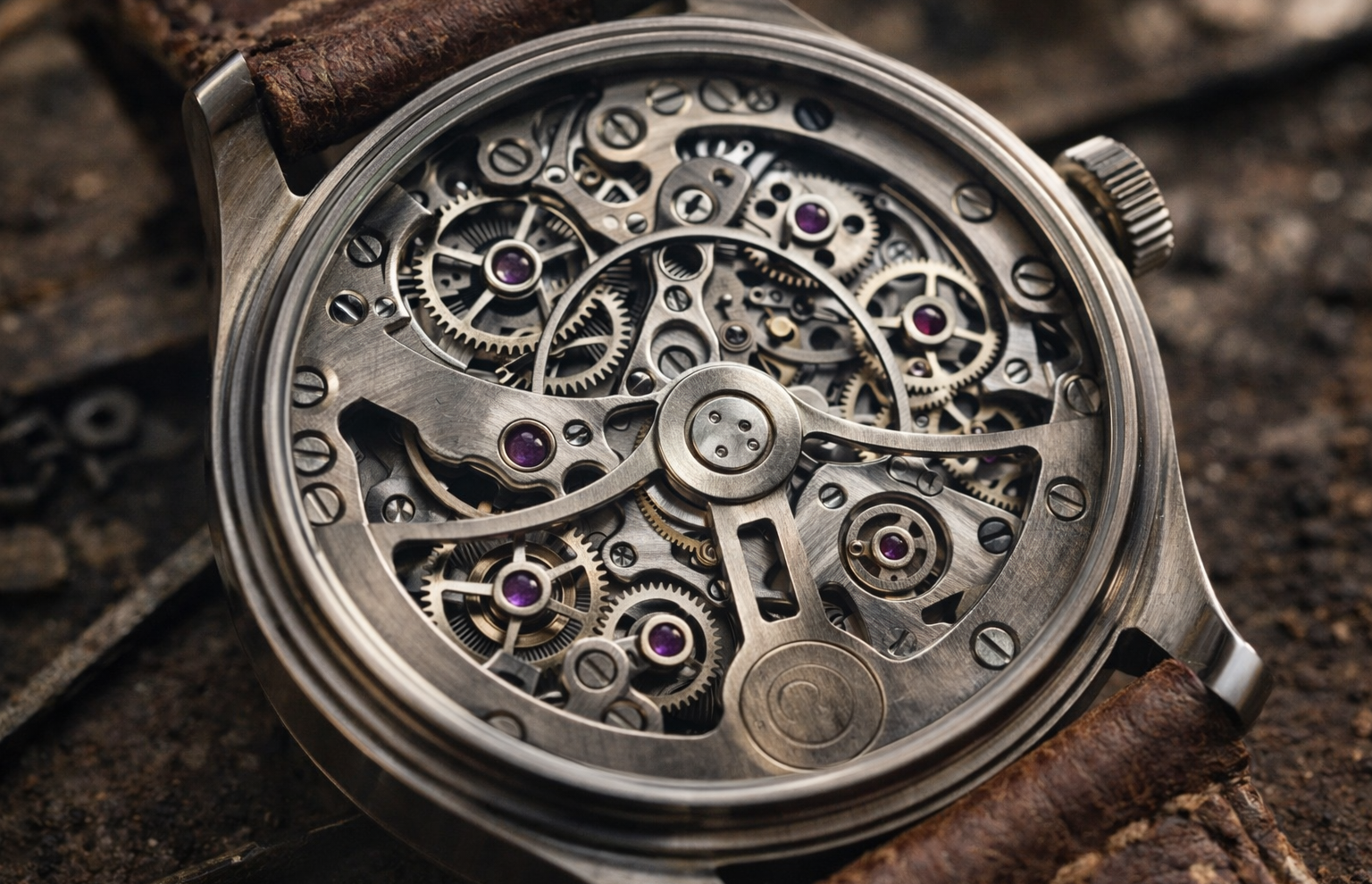 Close-up of a mechanical watch with visible gears and intricate inner workings.