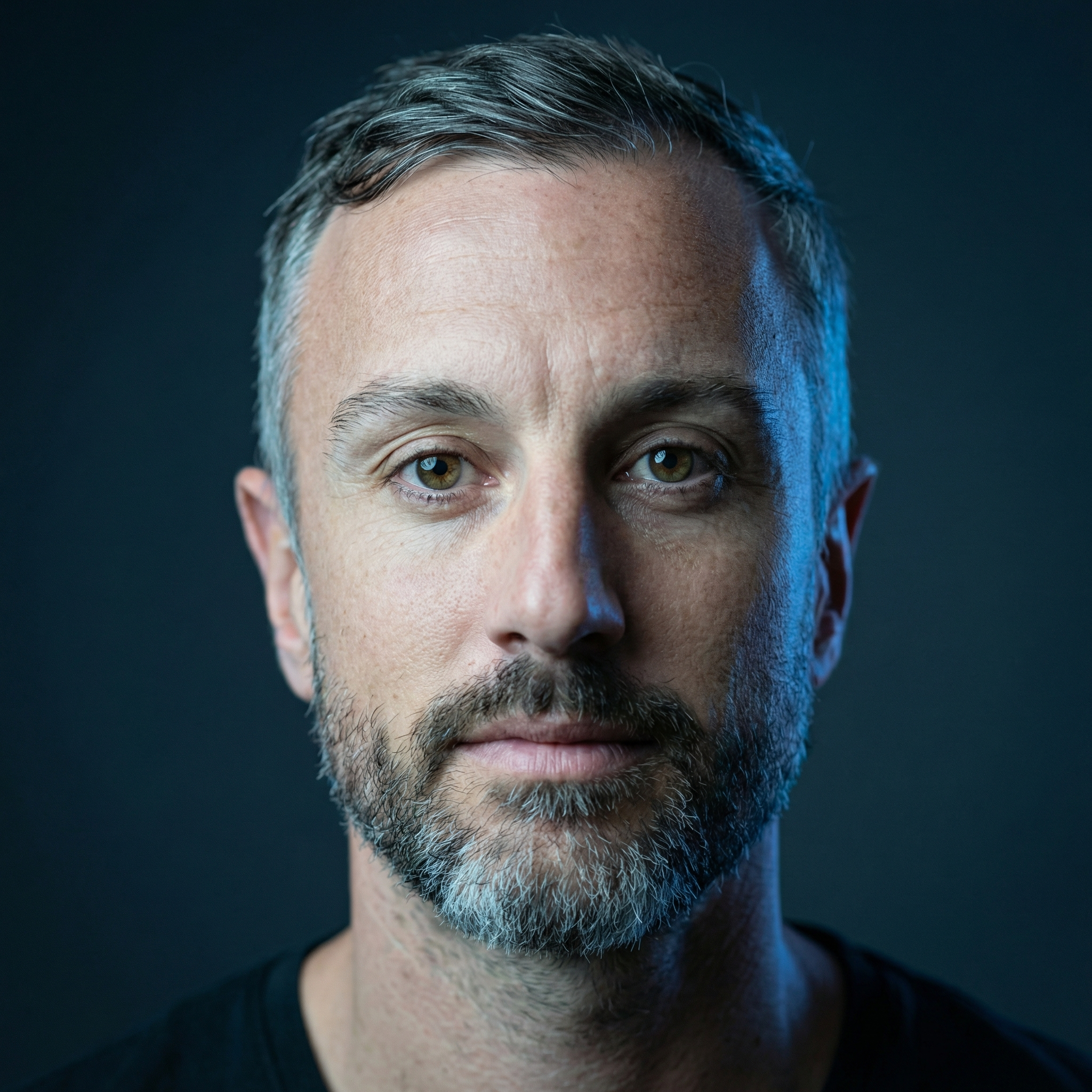 Close-up portrait of a man with short gray hair, a beard, and hazel eyes against a dark background.