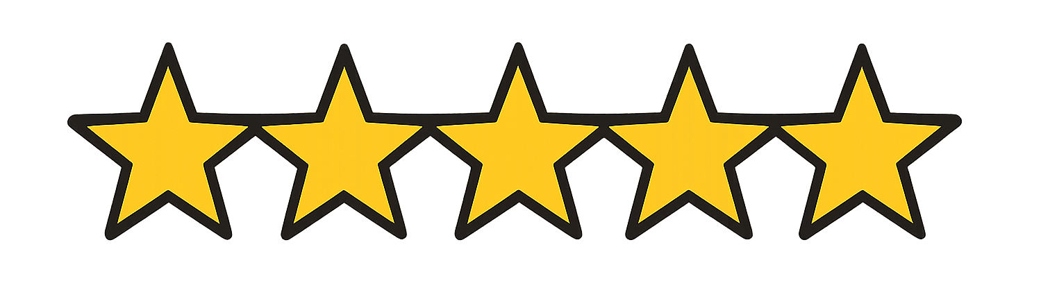 Five yellow stars with black borders arranged in a horizontal row.