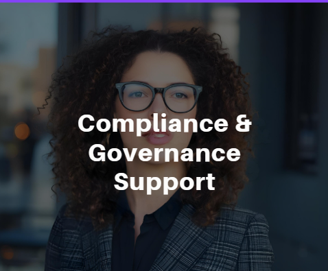 A woman with curly hair and glasses speaking in an office, with the text 'Compliance & Governance Support' overlaid.
