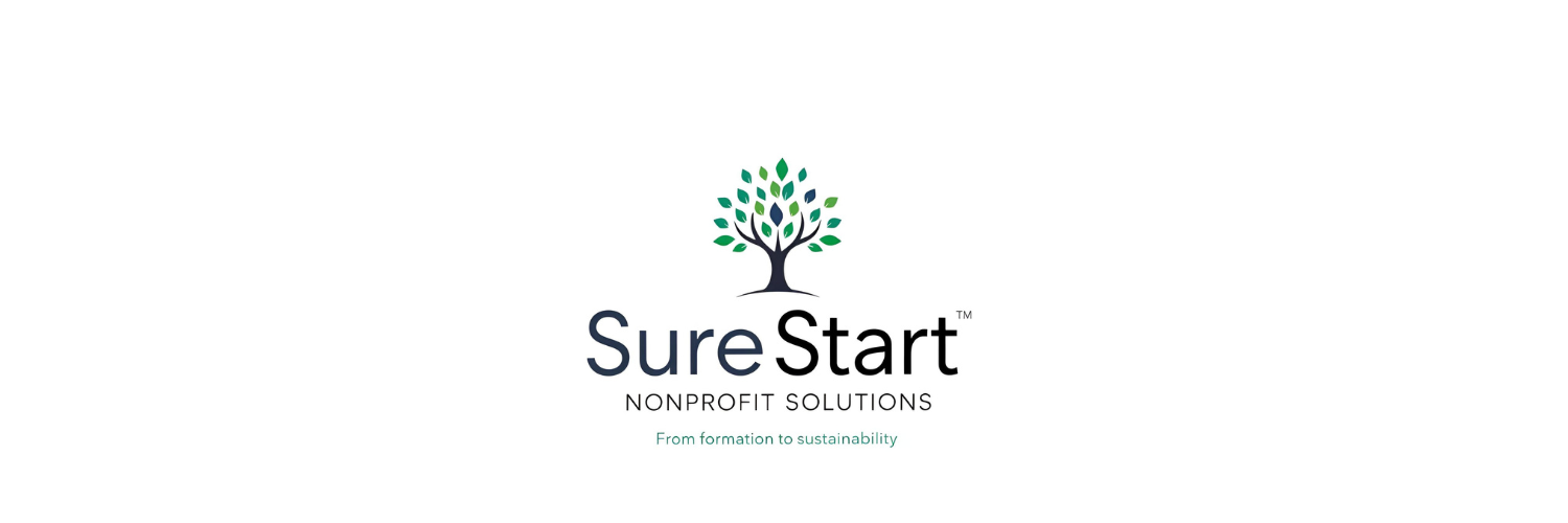 SureStart nonprofit solutions logo featuring a stylized tree with green and blue leaves and the tagline 'From formation to sustainability'.