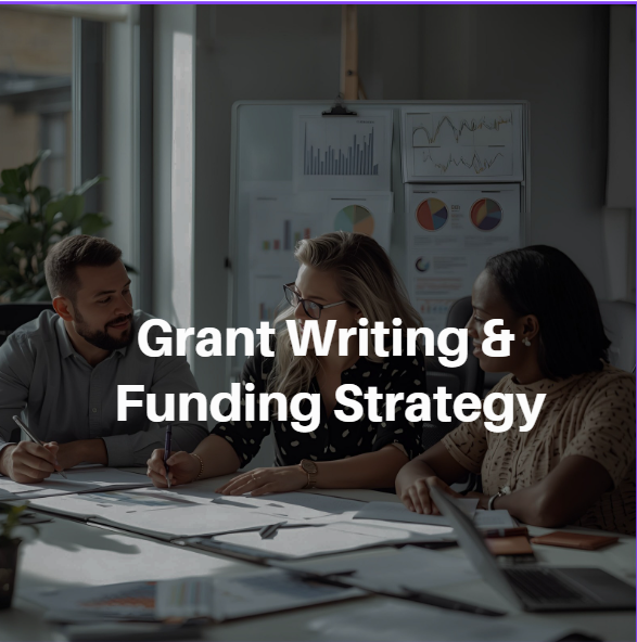 Three people in a meeting room discussing grant writing and funding strategy, with charts and graphs in the background.