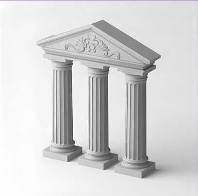 White classical architectural model with three columns and ornate triangular pediment