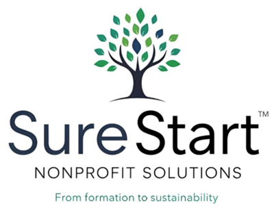 Logo of SureStart Nonprofit Solutions with a stylized tree and the tagline "From formation to sustainability."