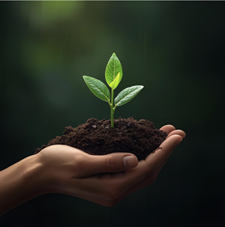 Close-up of a hand holding dark soil with a small green plant sprouting, against a blurred green background.