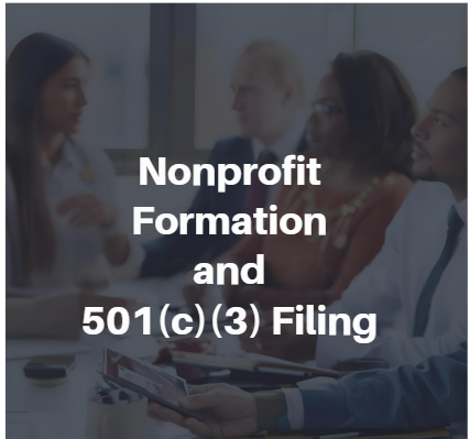 A group of business professionals in a meeting discussing nonprofit formation and 501(c)(3) filing.
