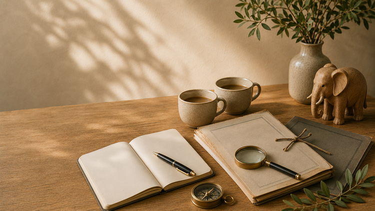 A calm arrangement of existing documents, a notebook, magnifying glass and two cups representing a personal Will and LPA review