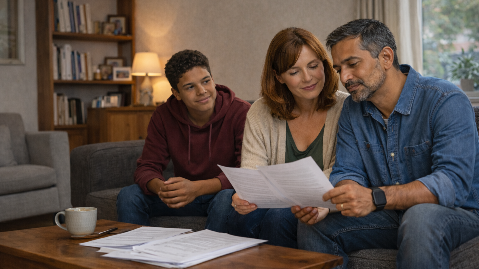 Blended family sitting together in a modest living room, reviewing paperwork at a coffee table in natural light.