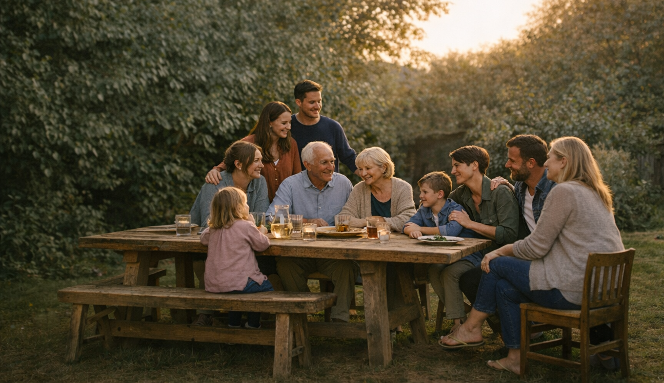 Family gathering outdoors at sunset, sitting around a rustic wooden table, enjoying drinks and conversation.