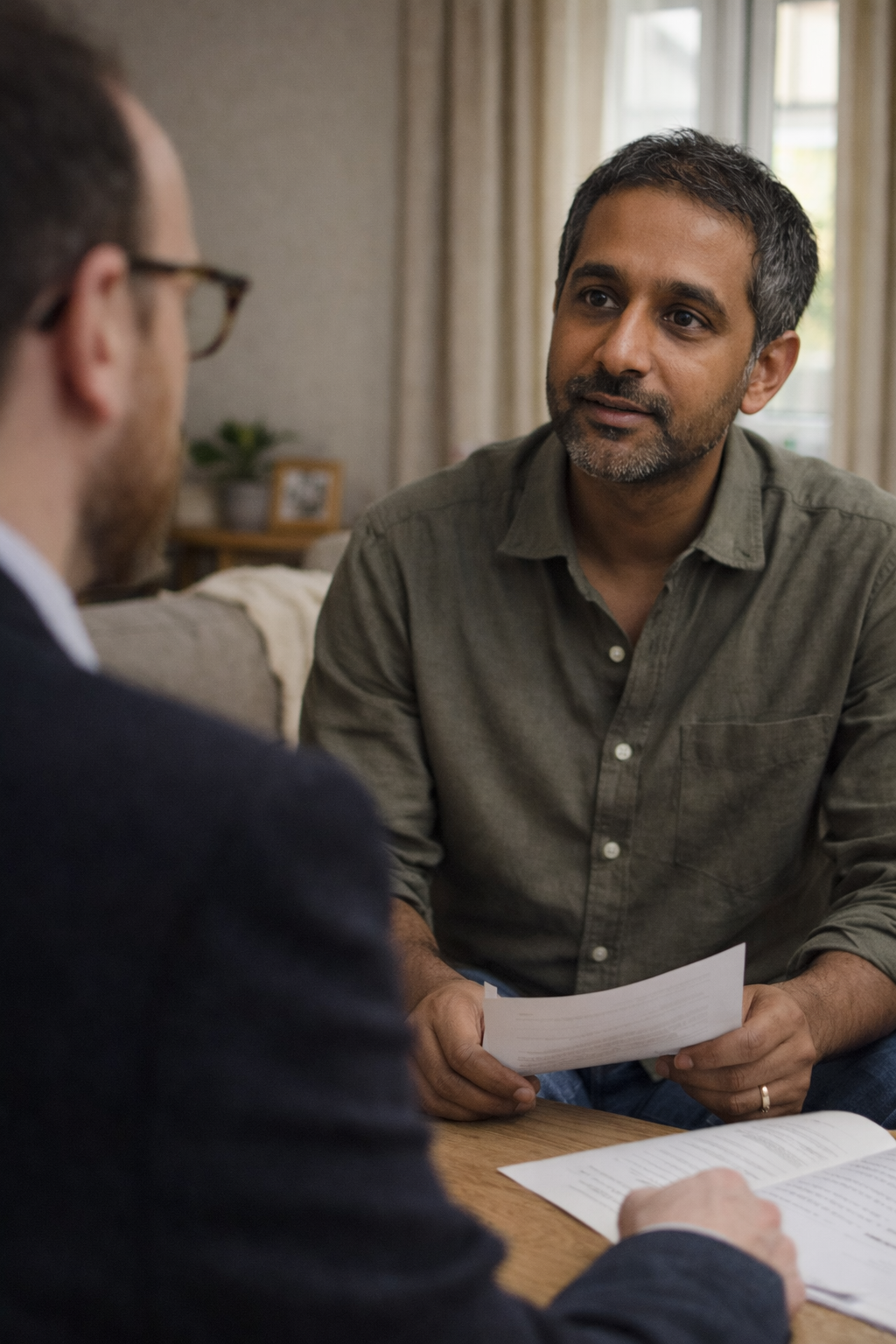 South Asian man in his 40s seated in a modest living room, holding paperwork and speaking with an advisor seated beside him