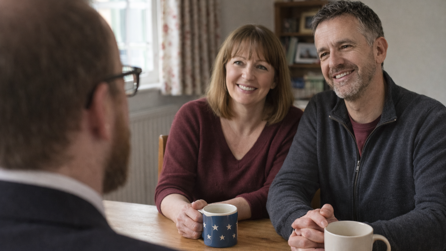 Middle-aged couple seated at a dining table in a modest home, speaking with an advisor during a will-planning discussion.