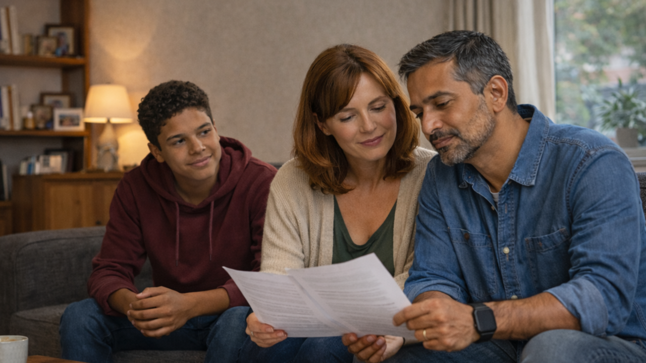 Blended family sitting together in a modest living room, reviewing paperwork at a coffee table in natural light.