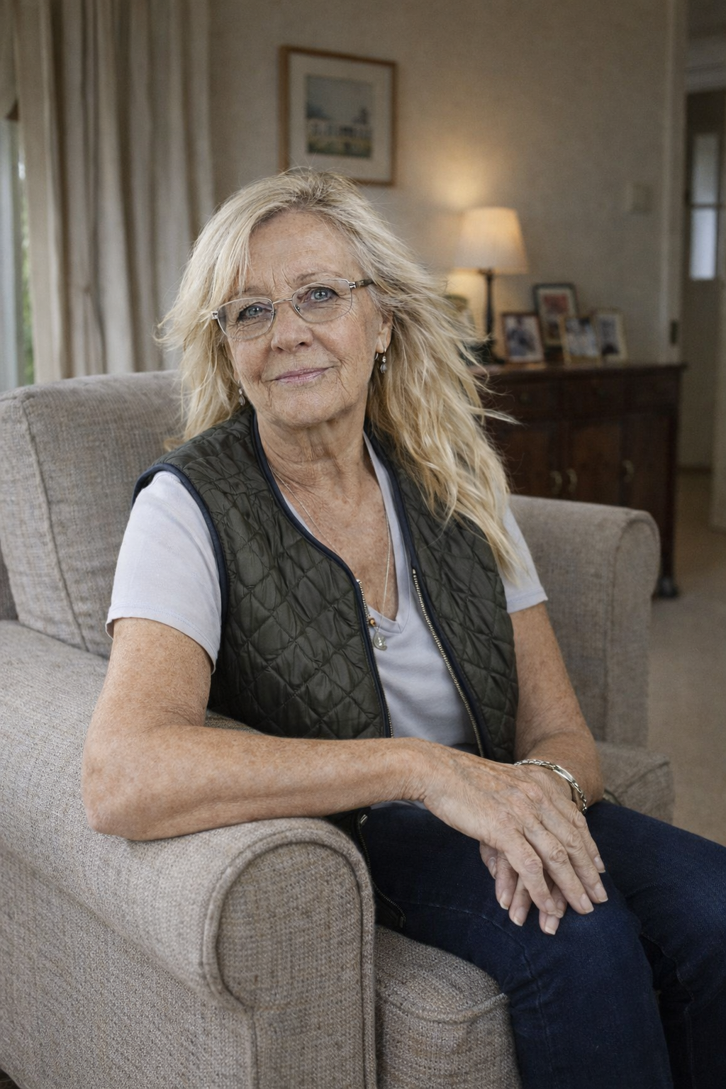 Single woman in her 60’s sitting on a armchair, modest house with picture frames of family on sideboard behind her - portrait.