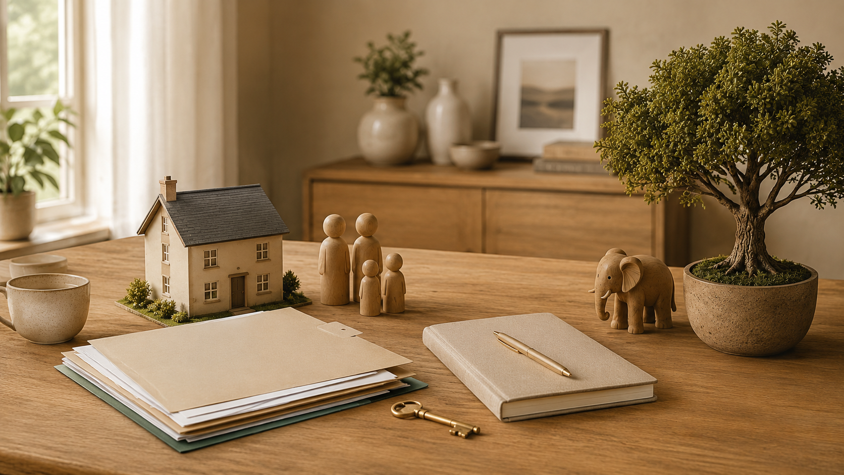 A wooden table with a small model house, four wooden figurines, a potted tree, a tiny elephant sculpture, and office supplies including a folder, a notebook with a pen, and a gold key. Background includes a cabinet with decorative vases, a framed photograph, and books.