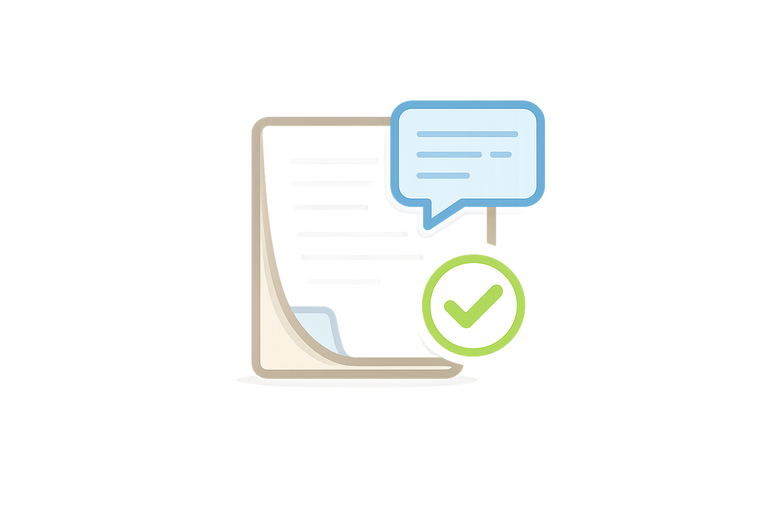 Digital illustration of a computer screen displaying chat messages, with a green checkmark icon, indicating approval or confirmation.