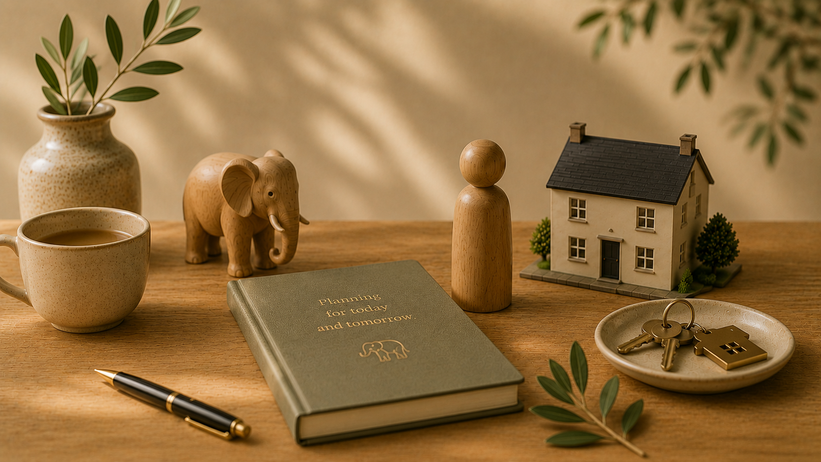 A wooden desk with a green notebook titled 'Planning for today and tomorrow,' a black and gold pen, a cup of coffee, a ceramic vase with green leaves, a small wooden elephant figurine, a wooden human figure, a miniature house, and a round dish with keys and a house-shaped keychain.